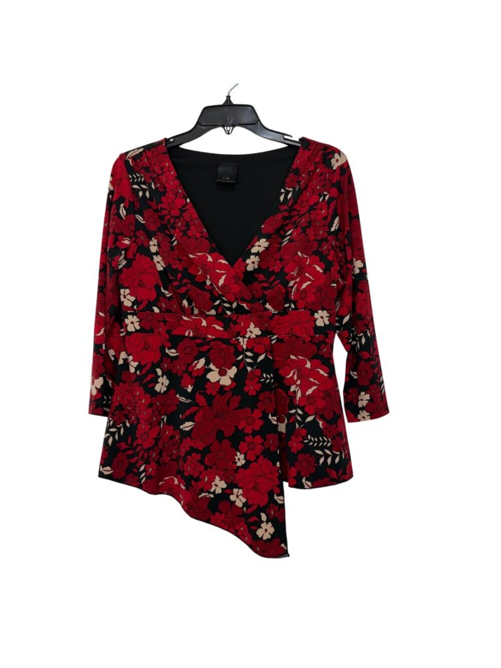 j.t.b Vintage Y2k Women Red Floral Wrap Style Top Size L  3/4 Sleeves V Neck